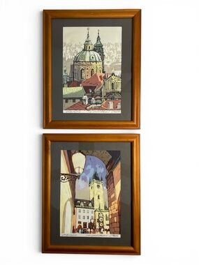 Vtg Prague Watercolor Paintings x 2 Framed European Street Art, 1984